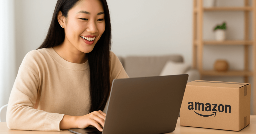 노트북으로 온라인 쇼핑을 하는 한인 여성, 옆에 아마존 박스 (Korean-American Woman Shopping Online on Laptop with Amazon Parcel)