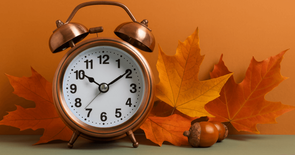 가을 단풍과 도토리로 장식된 서머타임 알람시계 (Alarm Clock Representing Daylight Saving Time with Autumn Leaves and Acorns)